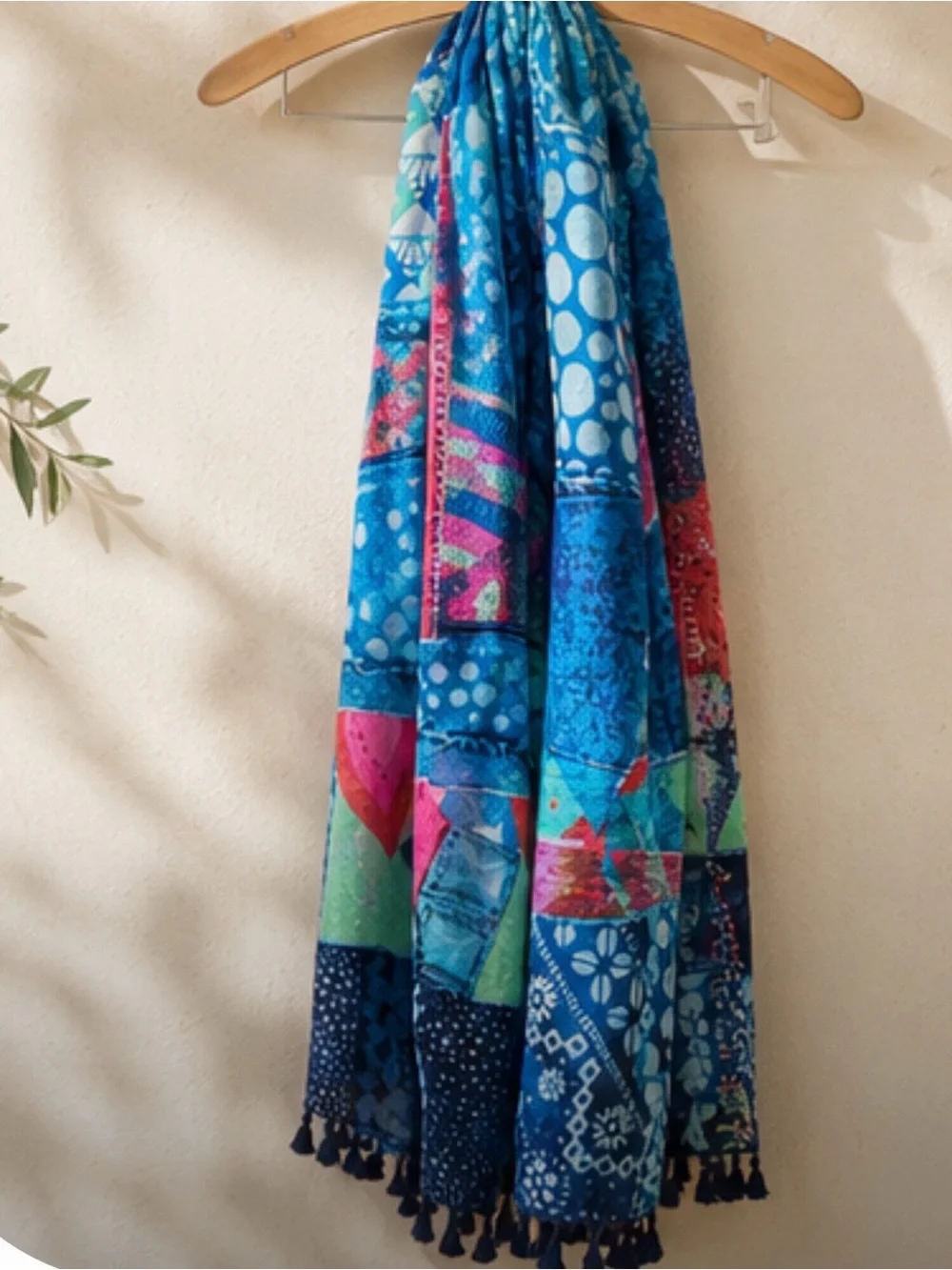 Desigual Blue Patchwork Tassel Scarf | Lightweight Colorful Wrap Shawl